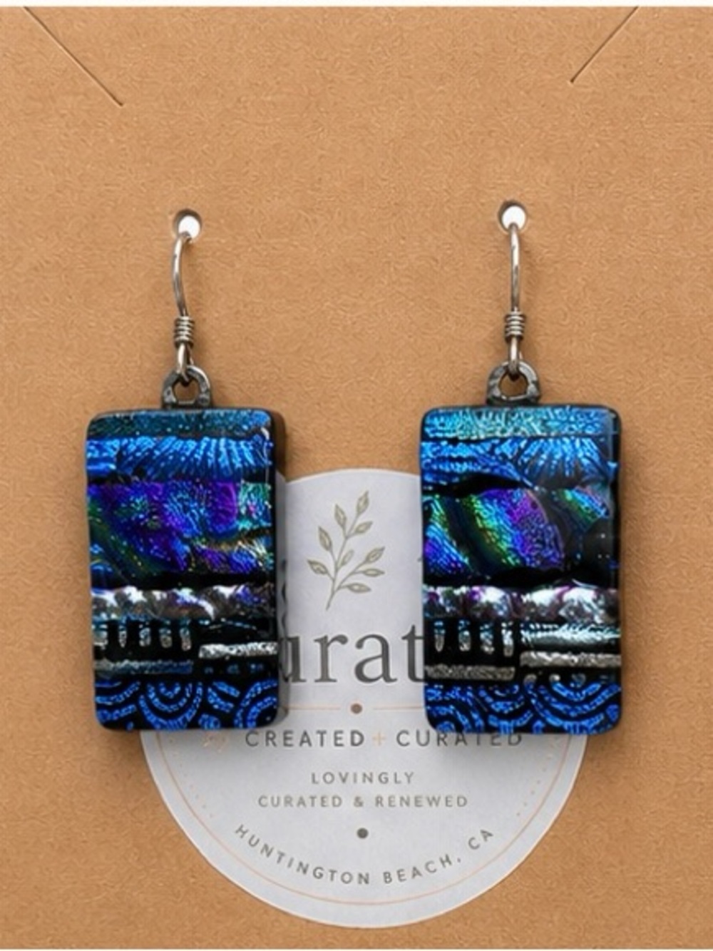 Artisan Dichroic Glass Drop Earrings | Blue Iridescent Fused Glass Dangles